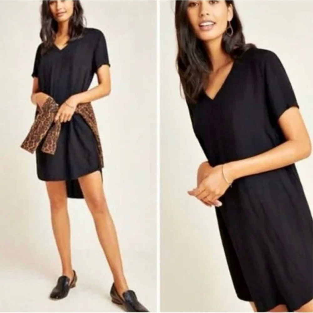 Anthropologie Cloth & Stone Dress Mini Black Short Sleeve V Neck Hi-Lo 0 2 XS